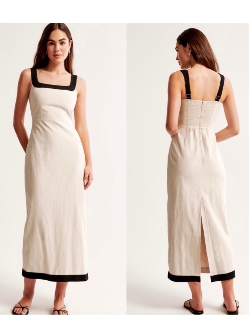 Abercrombie & Fitch Linen Blend Square Neck Column Maxi Dress Cream & Black XS